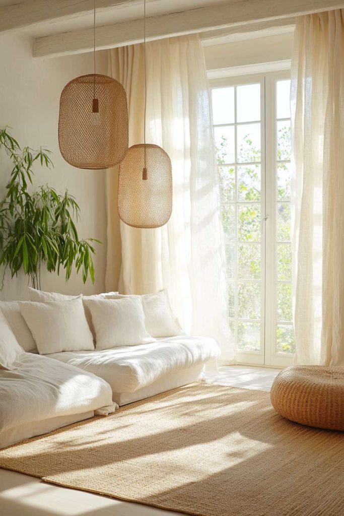 Light-Filled Room with Linen Drapes and Woven Rug