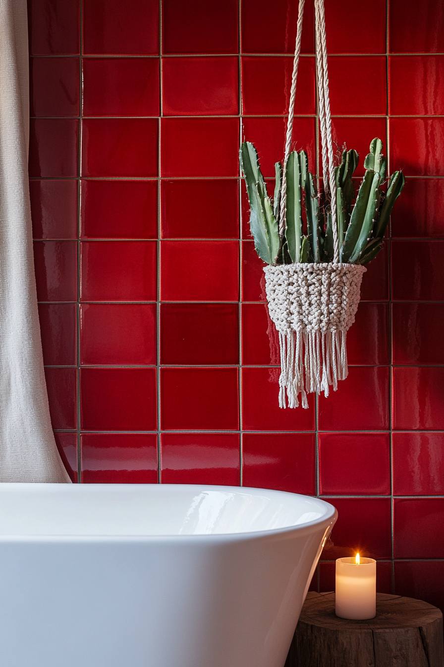 Macrame Hanging Cactus Over Bathtub