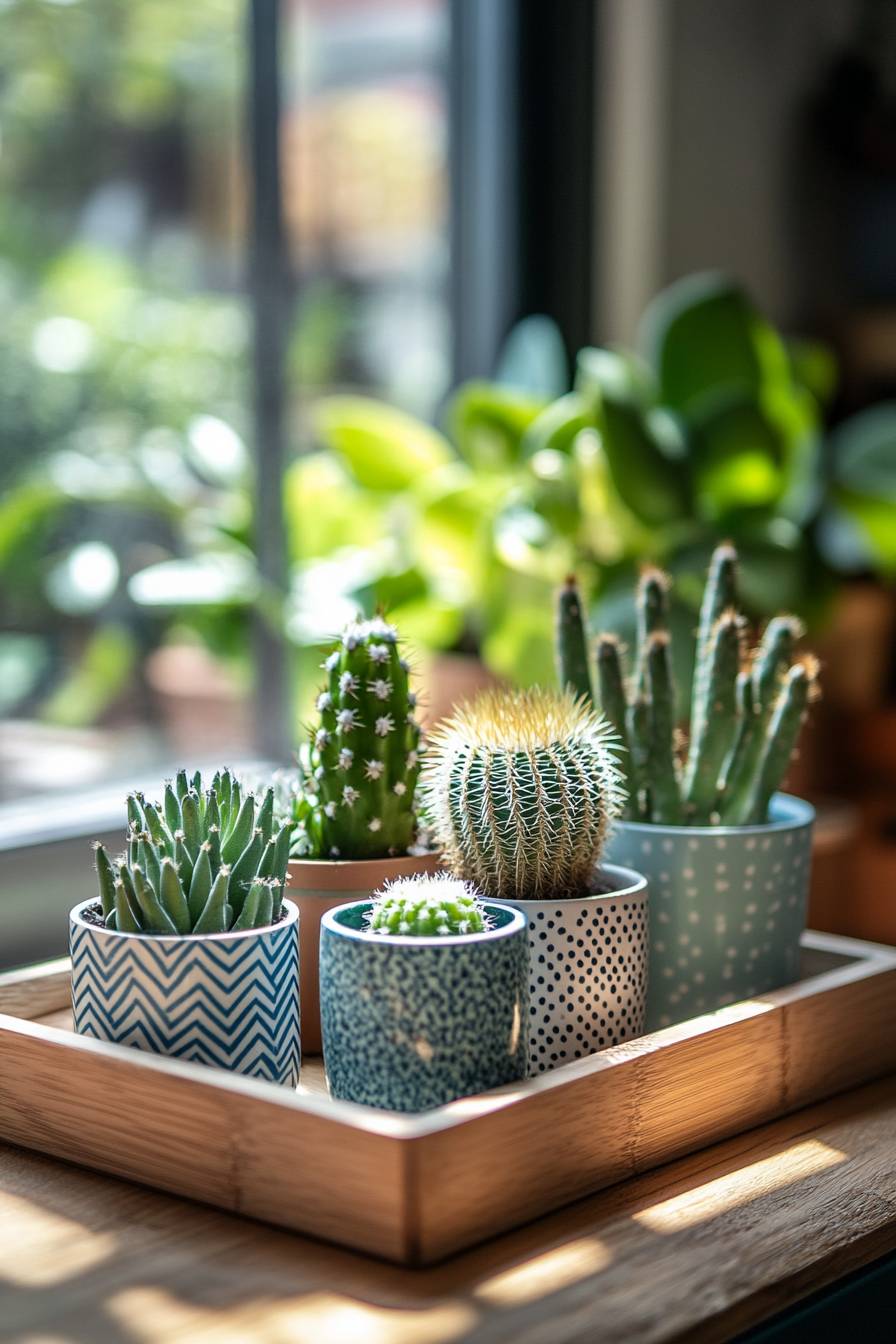 Mini Cactus Swap on Wooden Tray