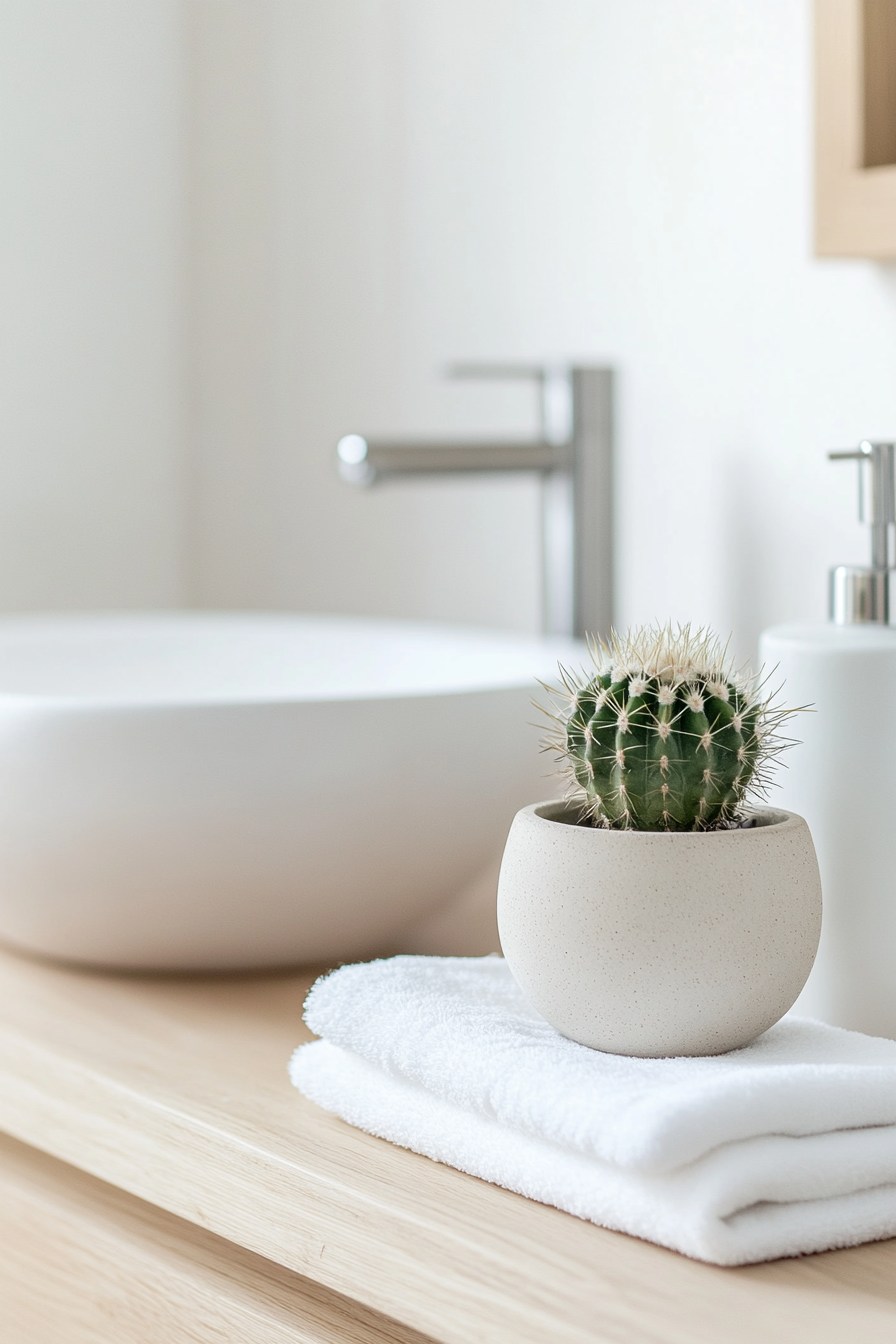 Minimal Zen Bathroom with Potted Cactus