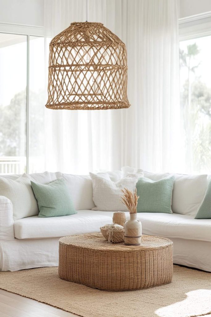 Modern Coastal Living Room with White Sofa and Seafoam Accents