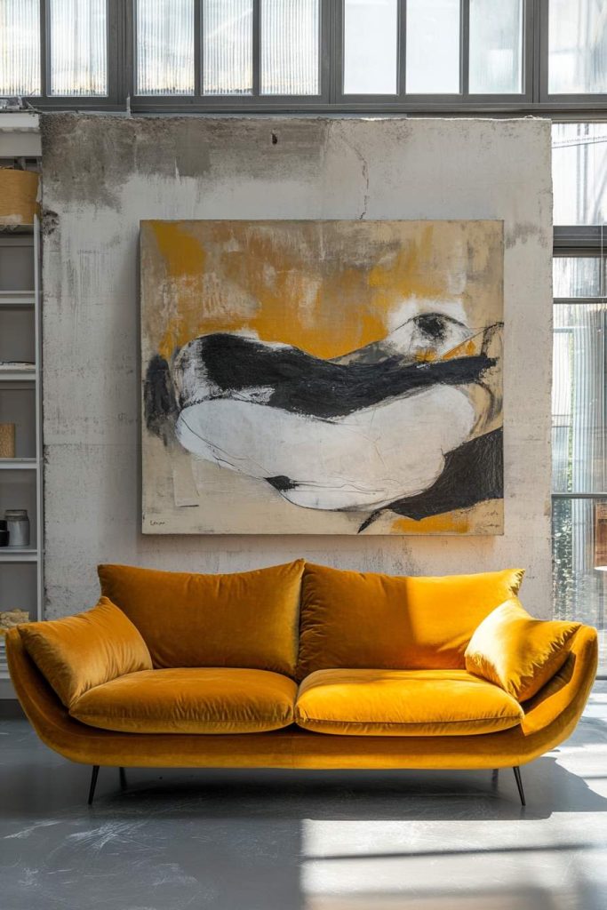Mustard Velvet Sofa in a Contemporary Art Loft