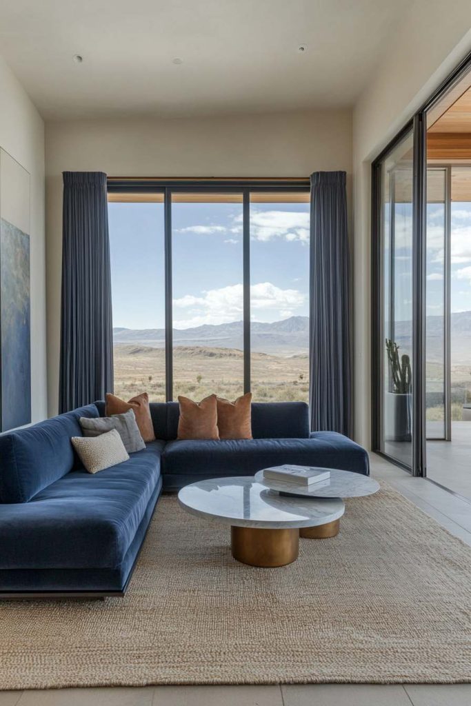 Navy Velvet Sectional in an Open-Concept Living Space