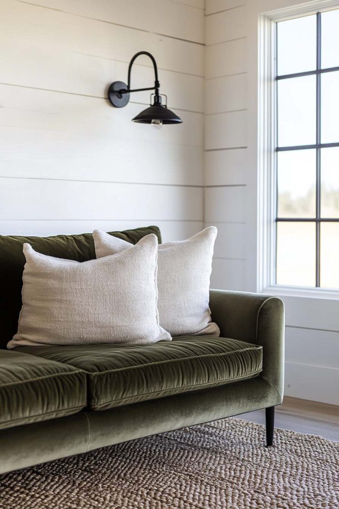 Olive Velvet Sofa in a Rustic Farmhouse Interior