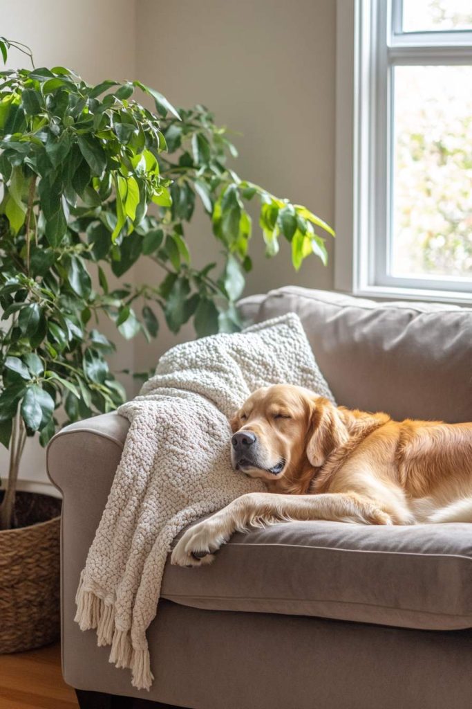 Pet-Friendly Velvet Sofa with Dog Lounging