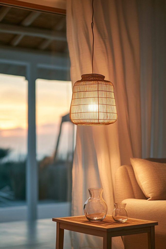 Room with Rattan Pendant Light and Glass Lamp Accents
