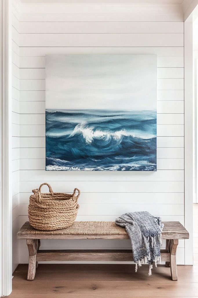Shiplap Accent Wall with Ocean Artwork