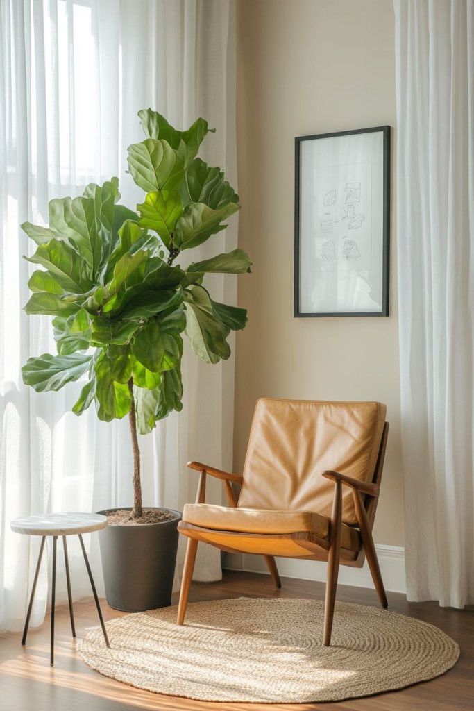 Tan Mid-Century Leather Armchair in Minimalist Corner