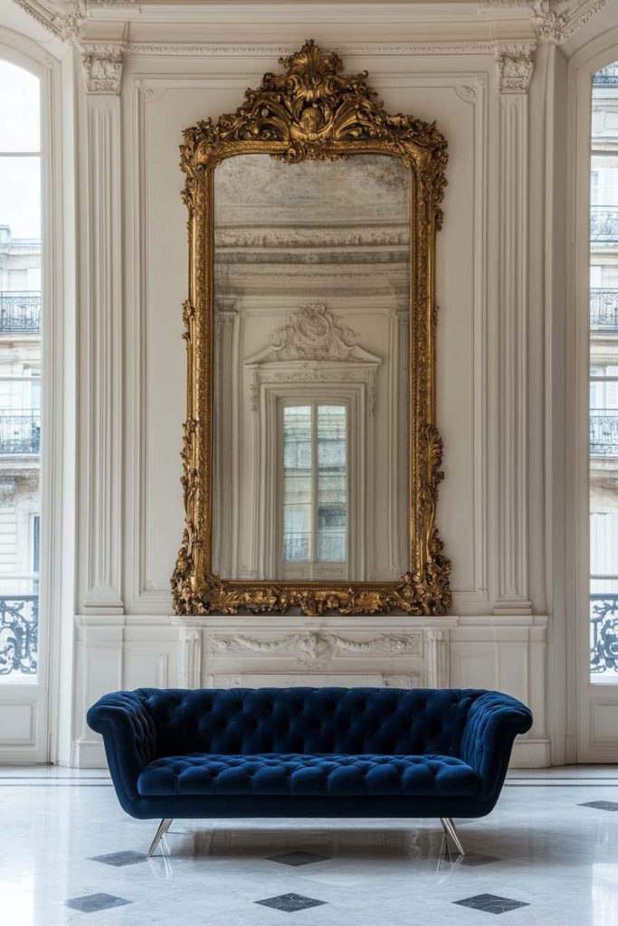 Tufted Sapphire Blue Velvet Sofa in a Grand Sitting Room