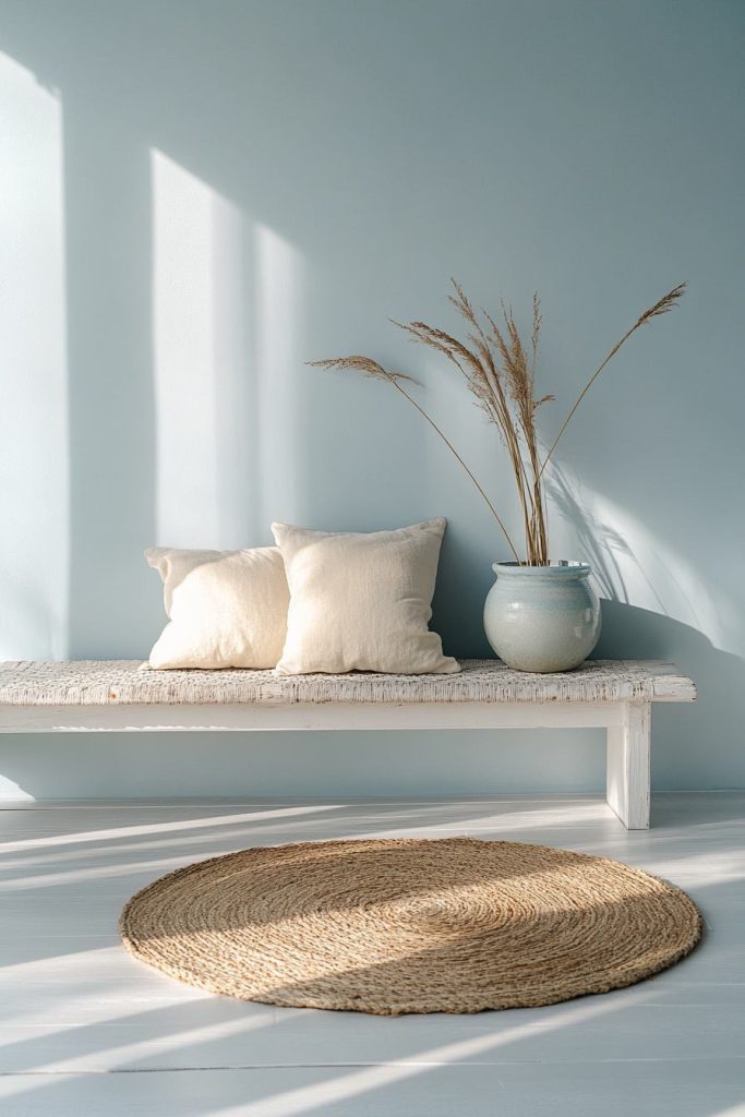 Whitewashed Hardwood Floors and Woven Rugs