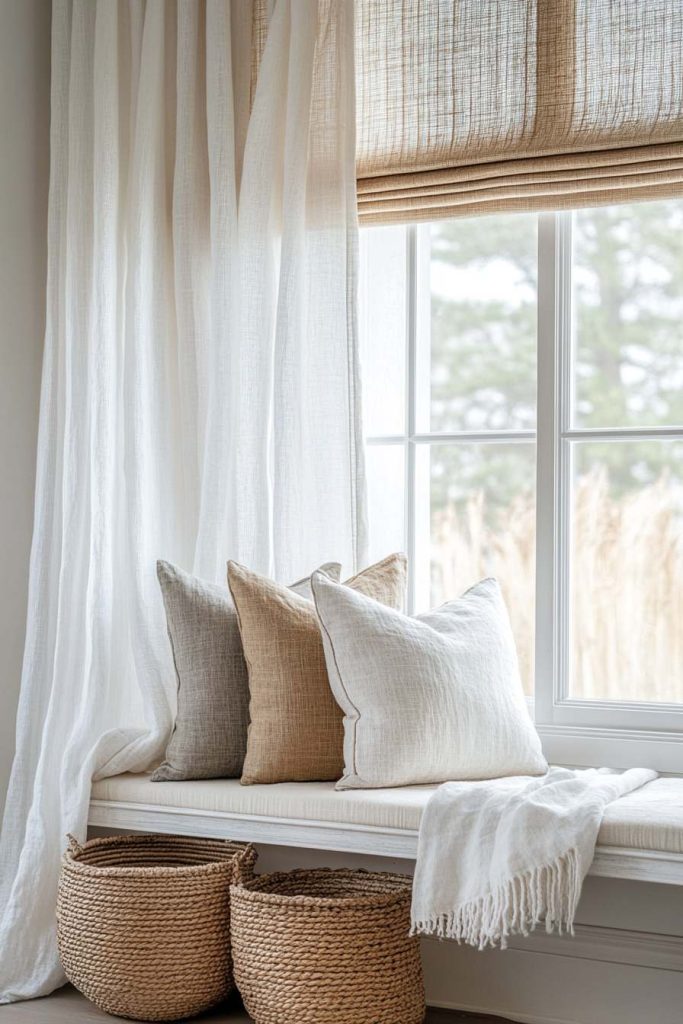Window Dressed with Sheer Drapes and Bamboo Blinds