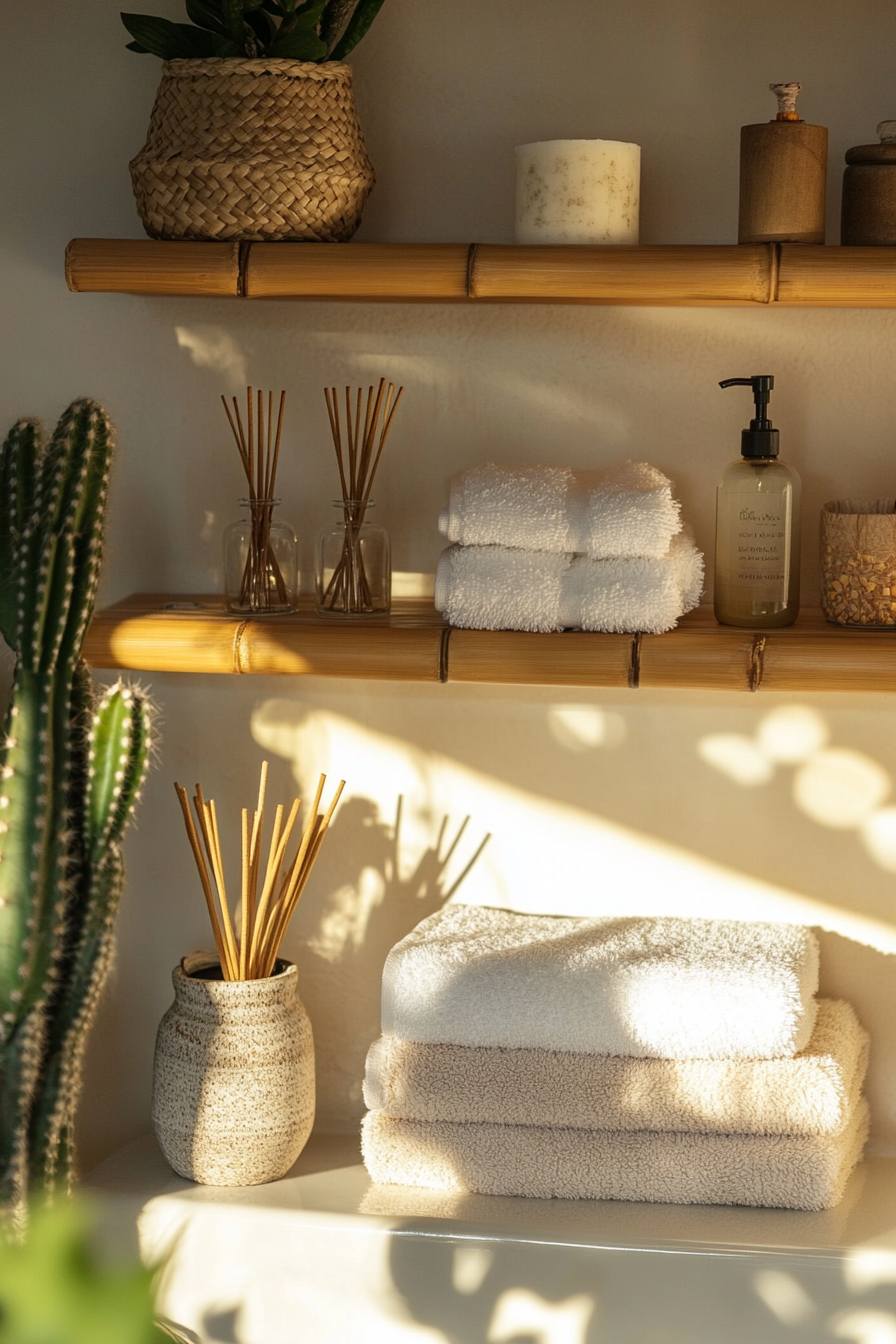 Zen Bathroom with Bamboo Shelving and Stone Accents
