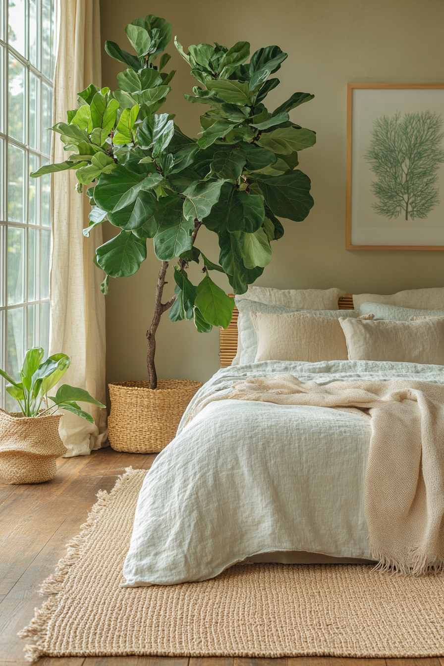Bedroom with Greenery and Honey-Toned Floor