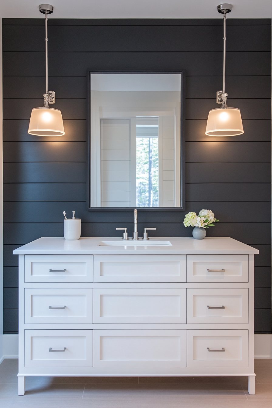 Black Shiplap Feature Wall Behind White Vanity