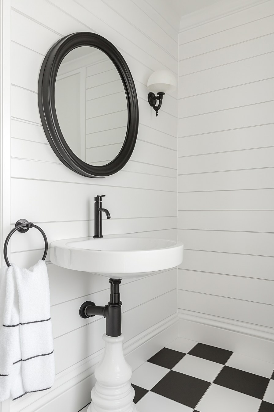 Checkerboard Tile Floor and White Walls with Black Accessories