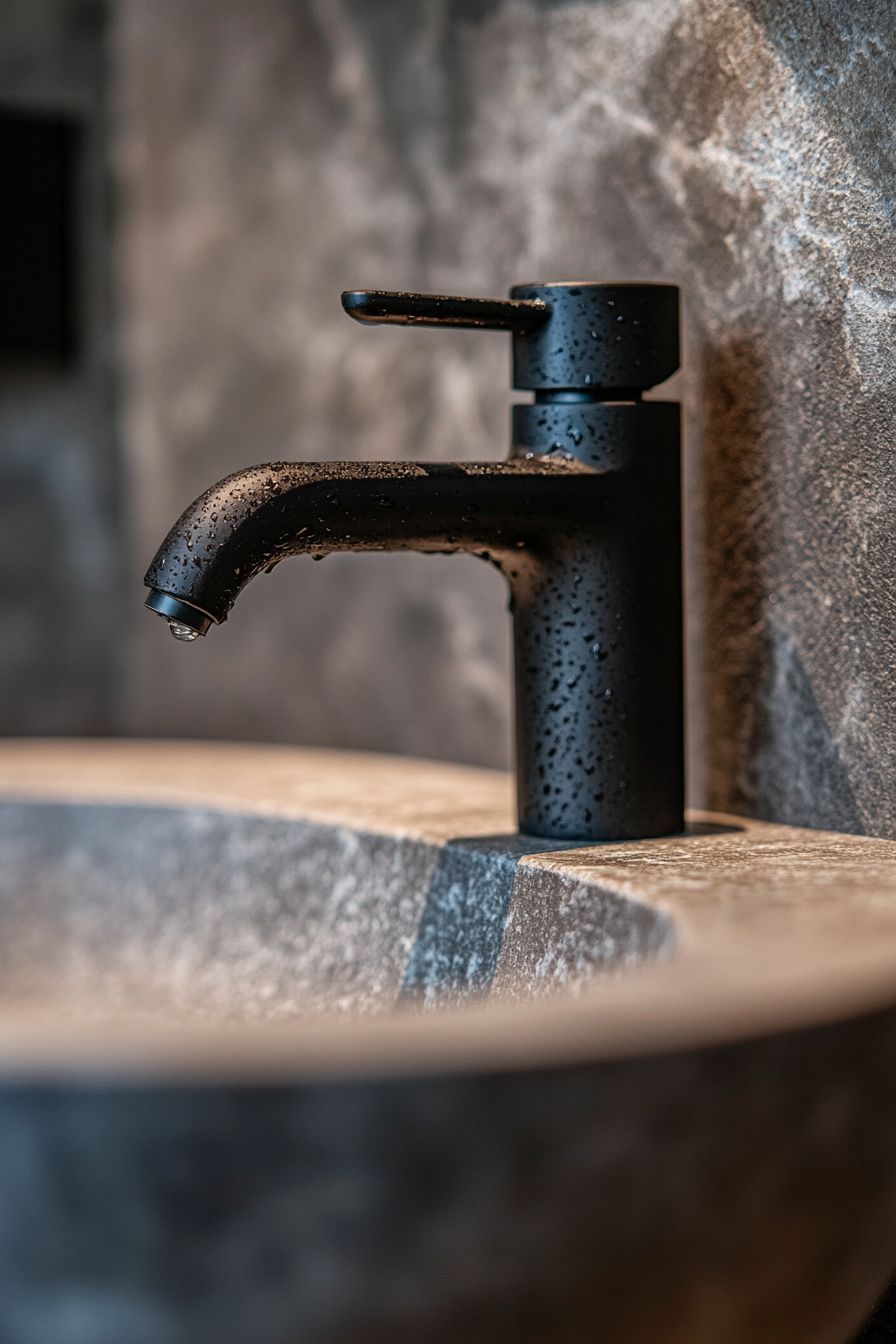 Close-Up of Matte Black Faucet Over Concrete Sink