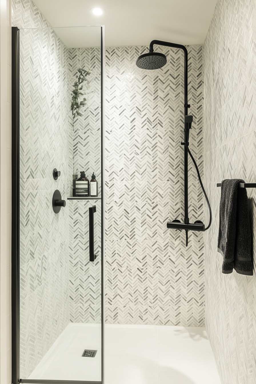 Glass Shower Partition with Monochrome Geometric Tile Inside