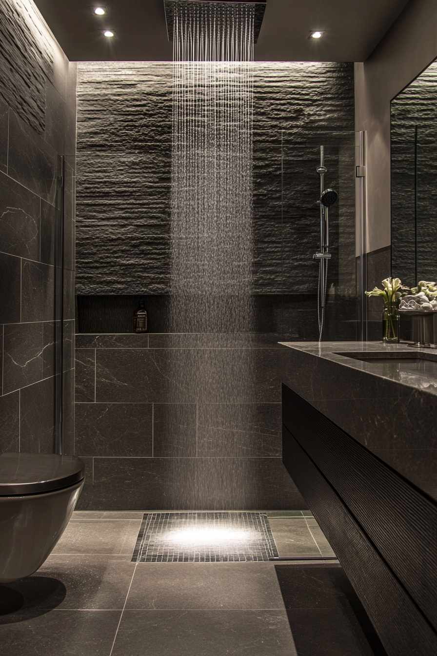 Gray-Tiled Bathroom with Floating Vanity and Rainfall Shower