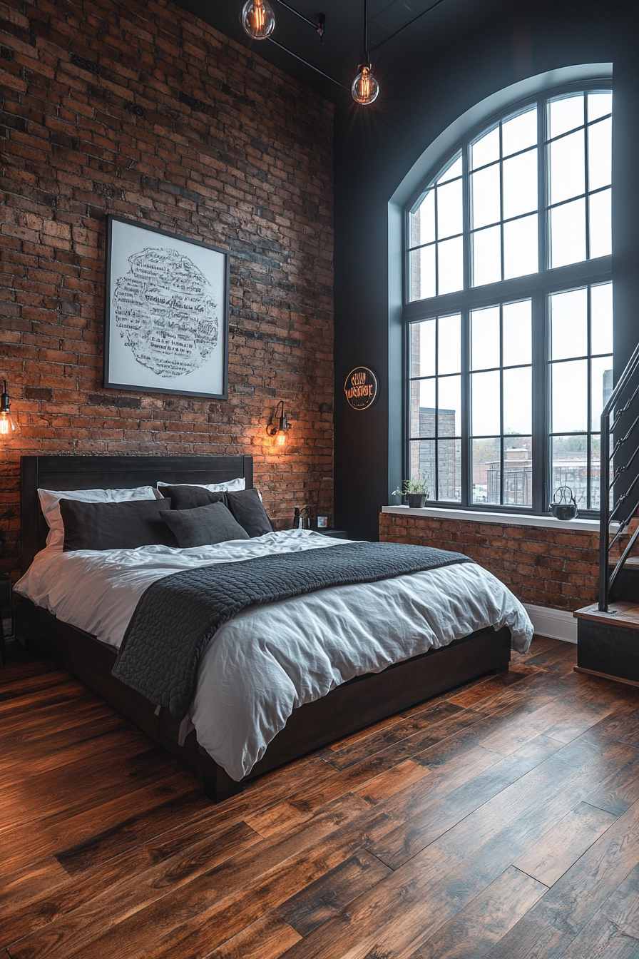 Industrial Loft Bedroom with Exposed Wood Flooring