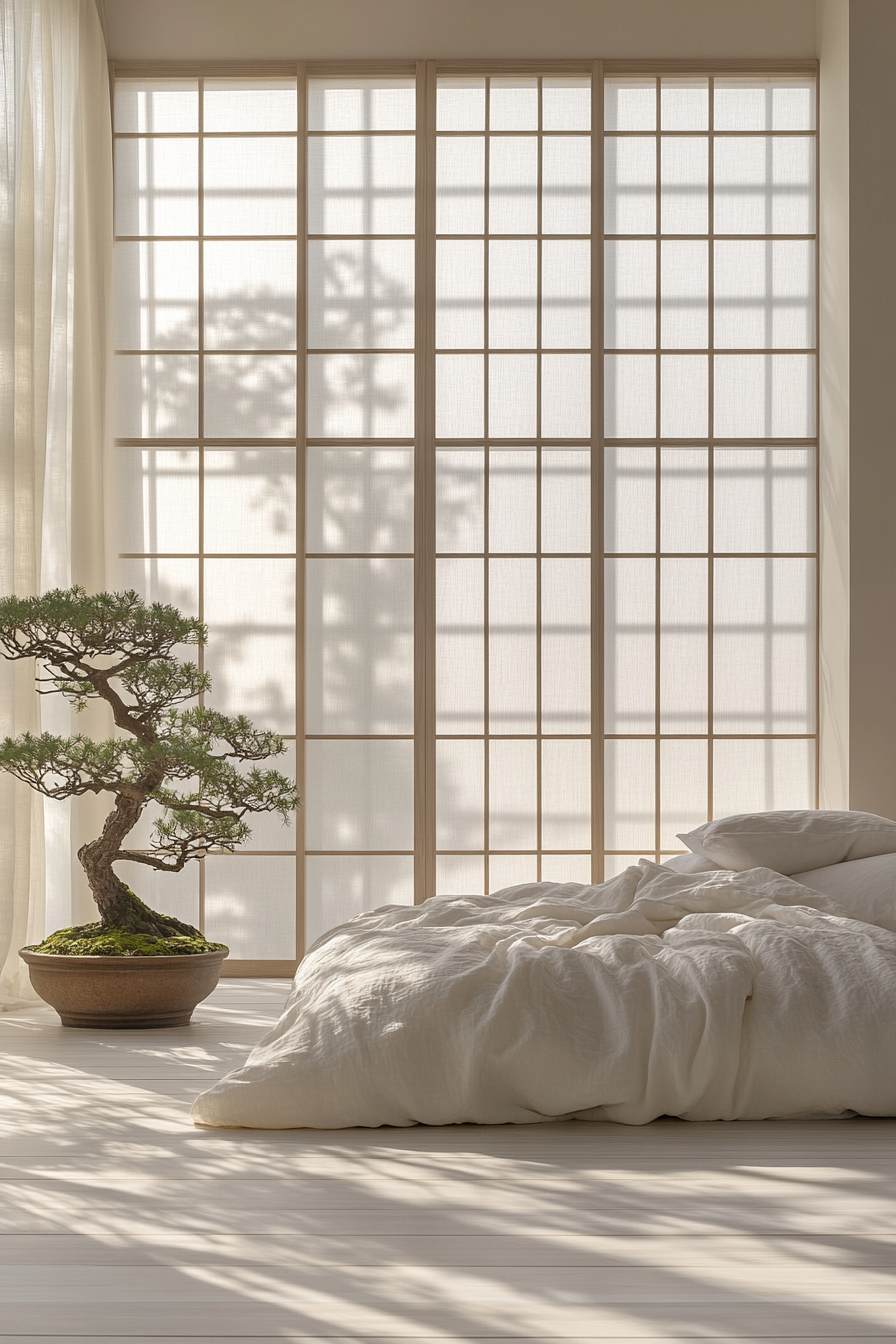 Japandi-Style Bedroom with Pale Wood Floor