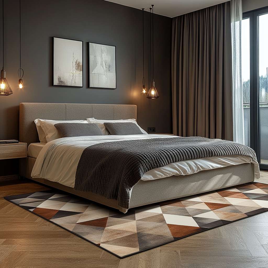 Large Area Rug over Herringbone Wood Floor