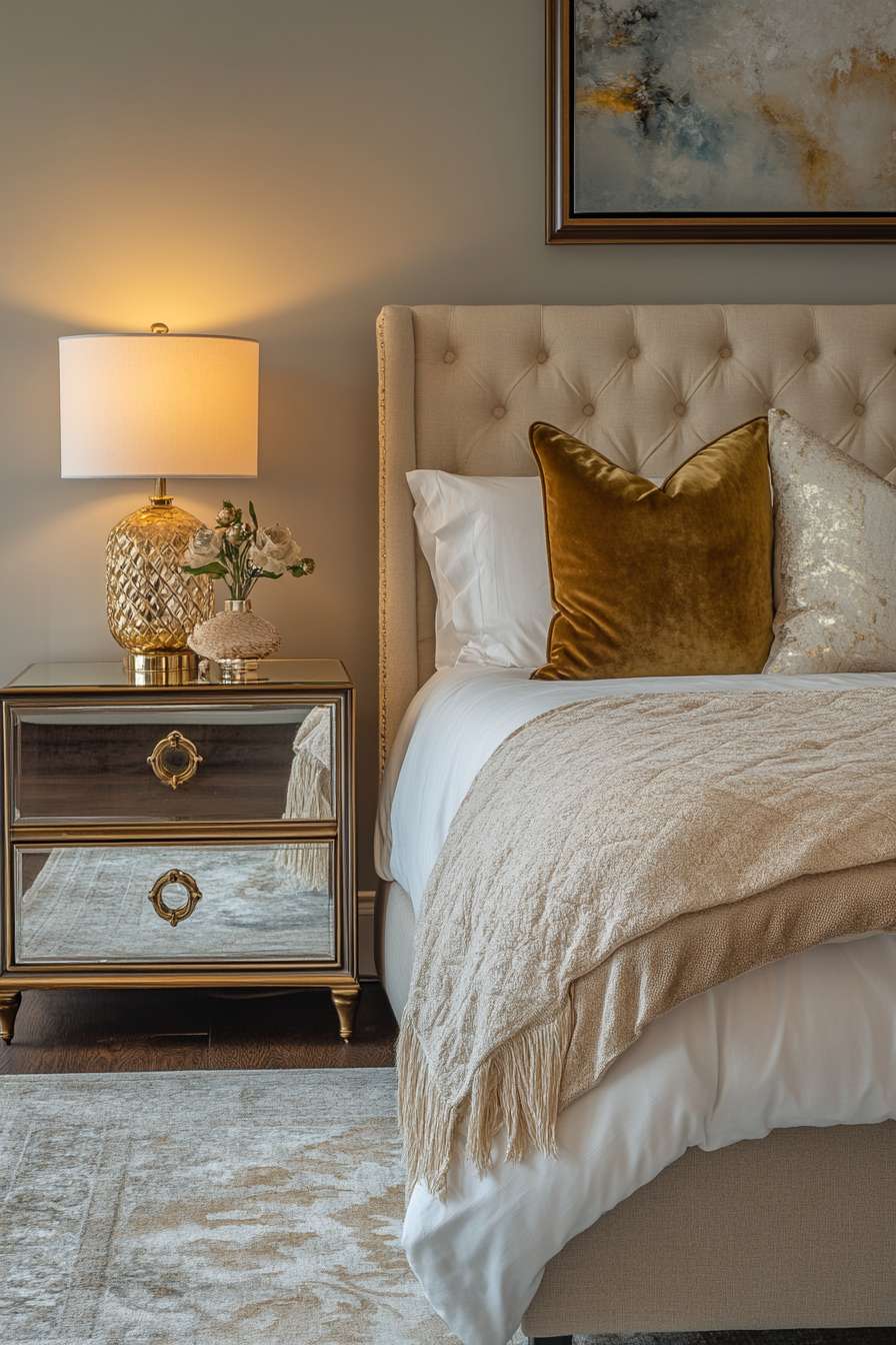 Luxe Bedroom with Gold and Dark Wood Accents