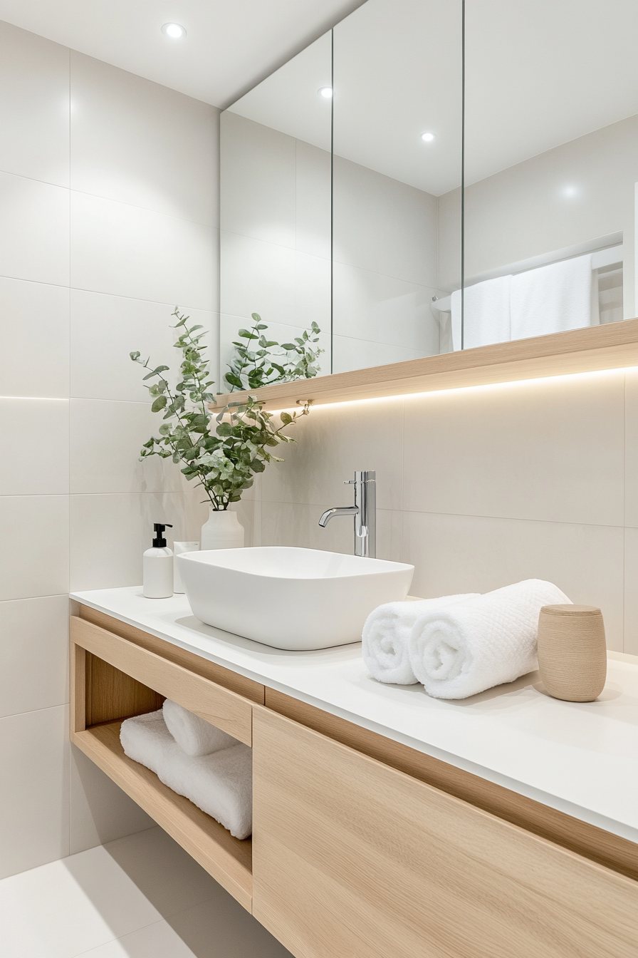 Minimalist Scandinavian Bathroom with Light Grays and Wood Accent