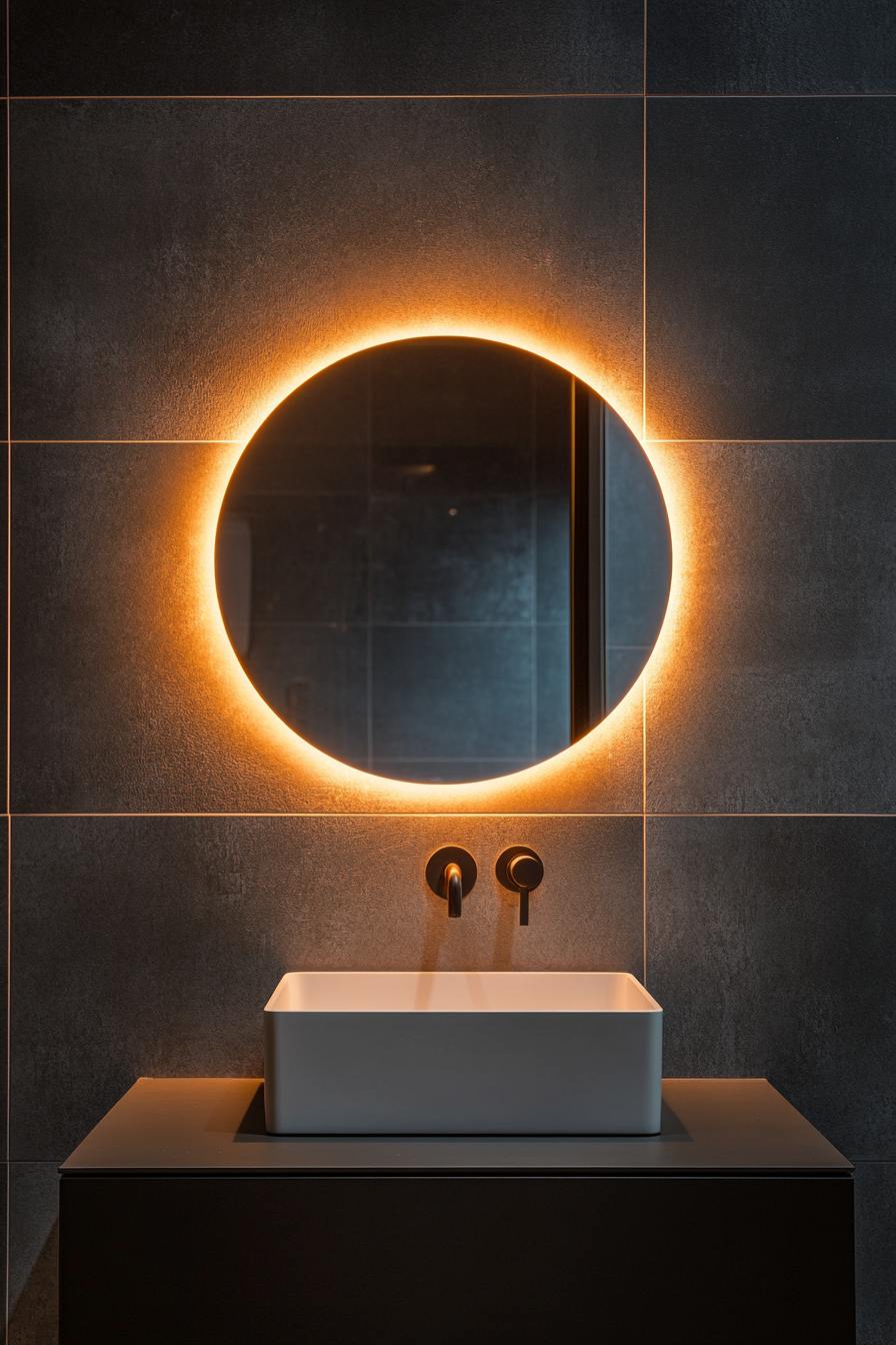 Mirror Cabinet with LED Backlight in Dark Gray Bathroom