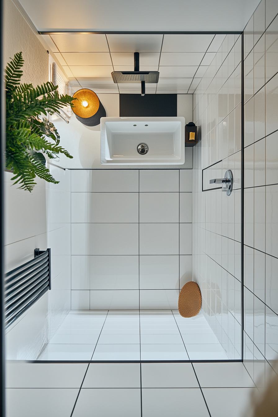 Overhead View of Entire Small Monochrome Bathroom Layout