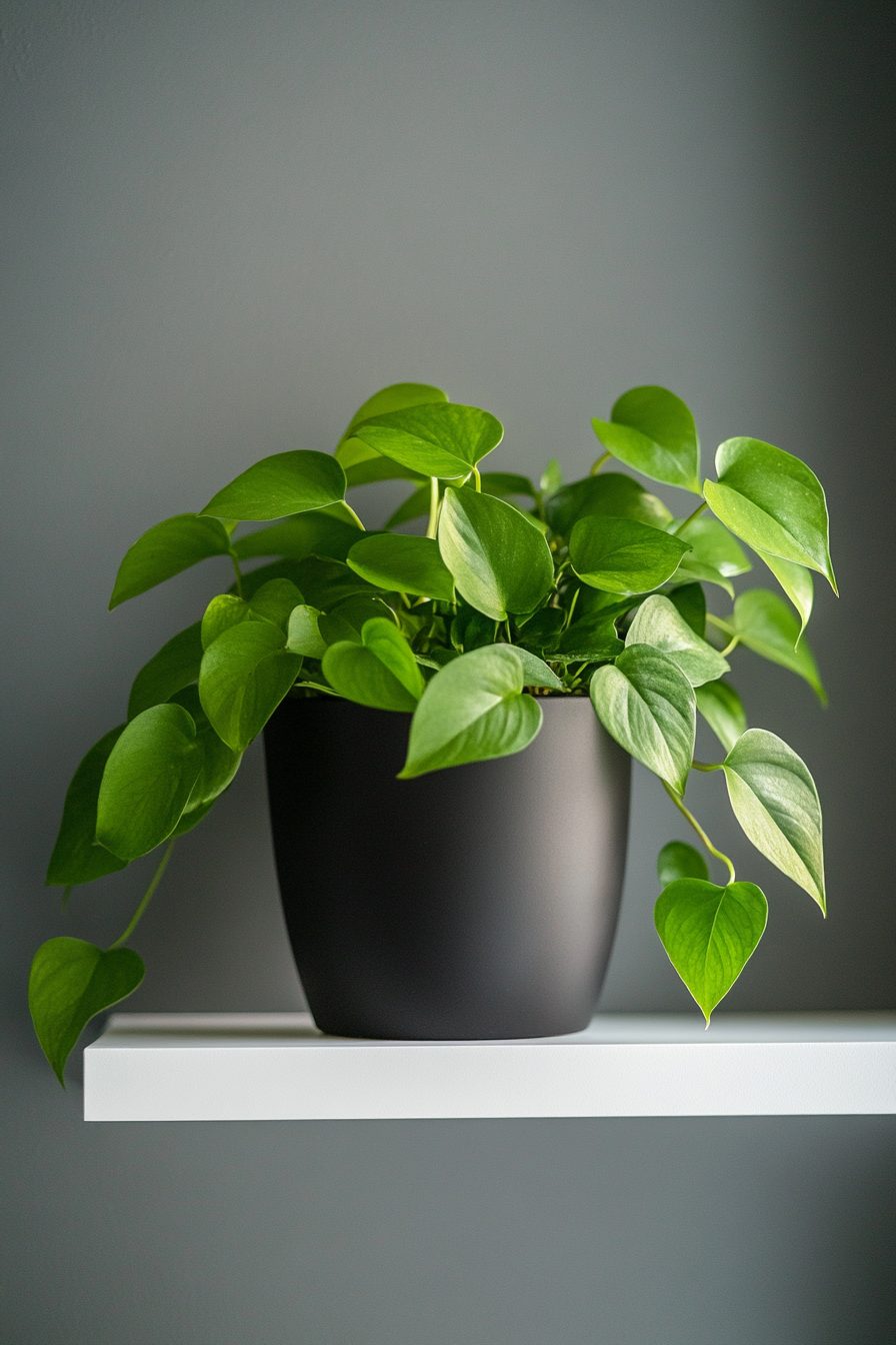 Plant in Black Ceramic Pot on White Shelf in Bathroom