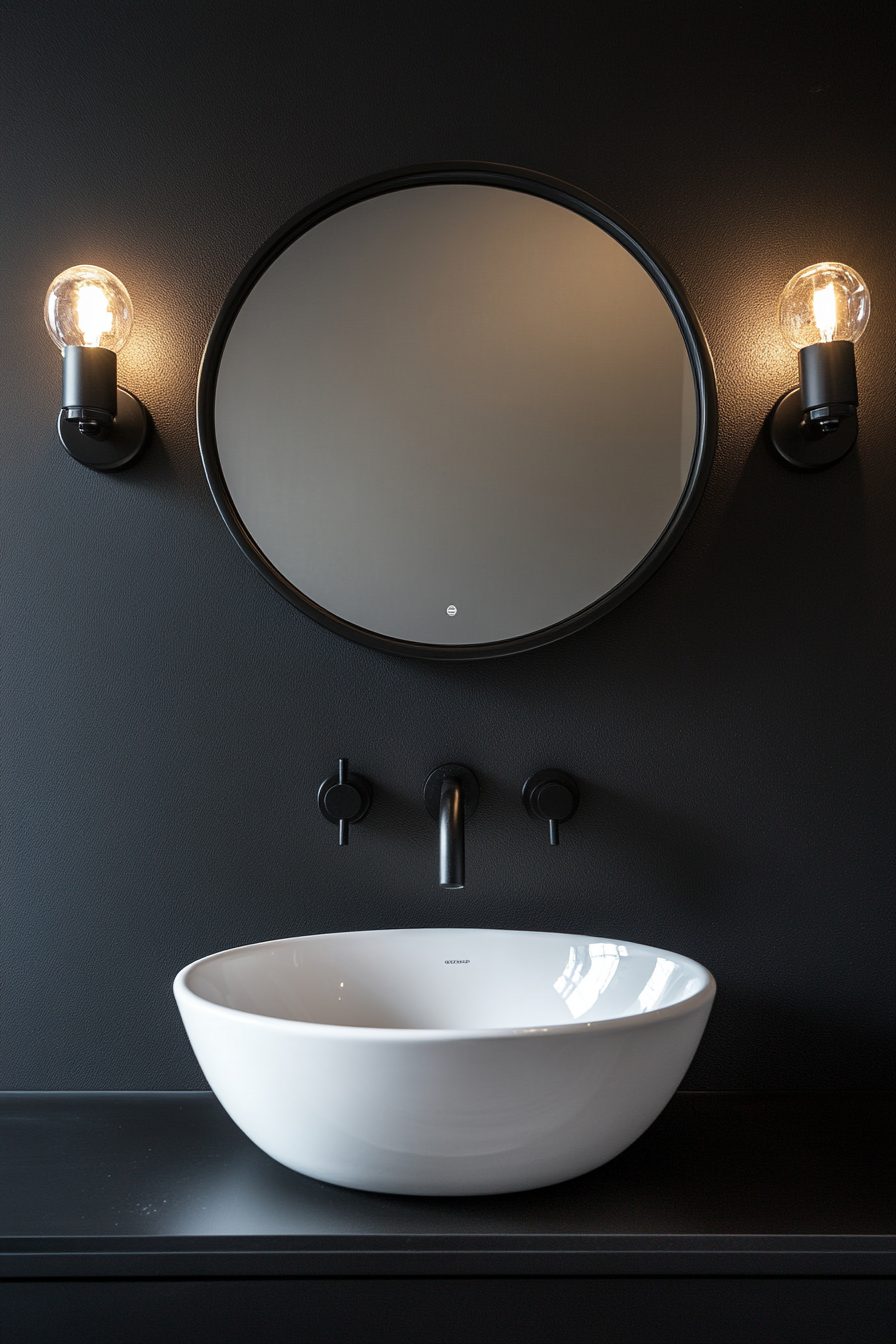 Round Black-Framed Mirror Over White Sink on Black Wall