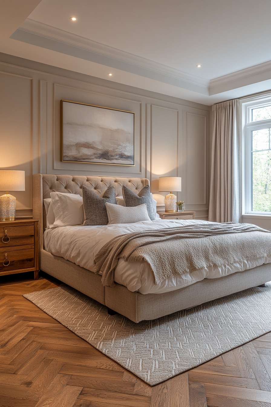Upholstered Headboard with Chevron Flooring